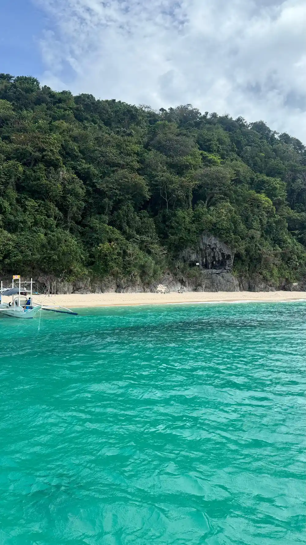 a boat off a small beach below a wooded headland in bright water