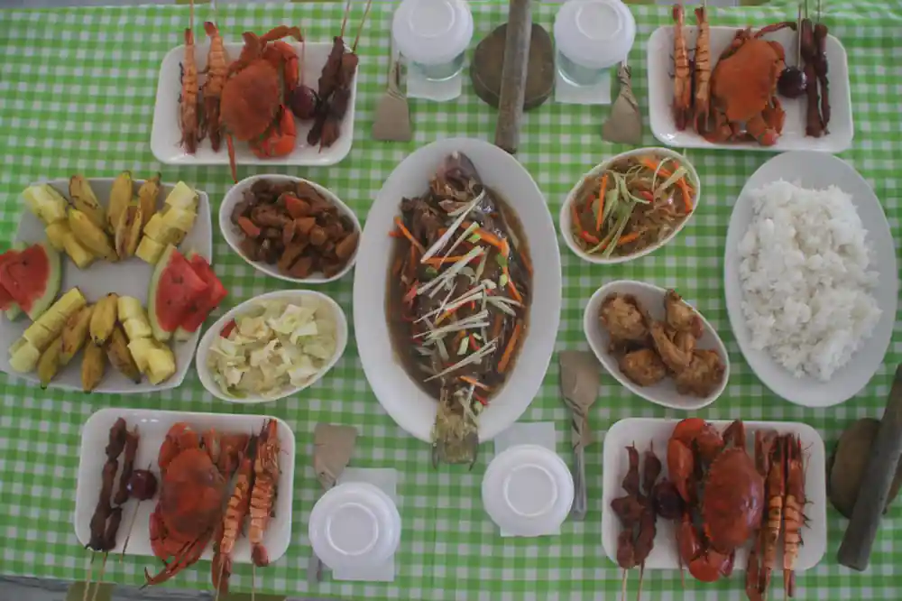 the full buffet spread laid out with fish, seafood and side dishes