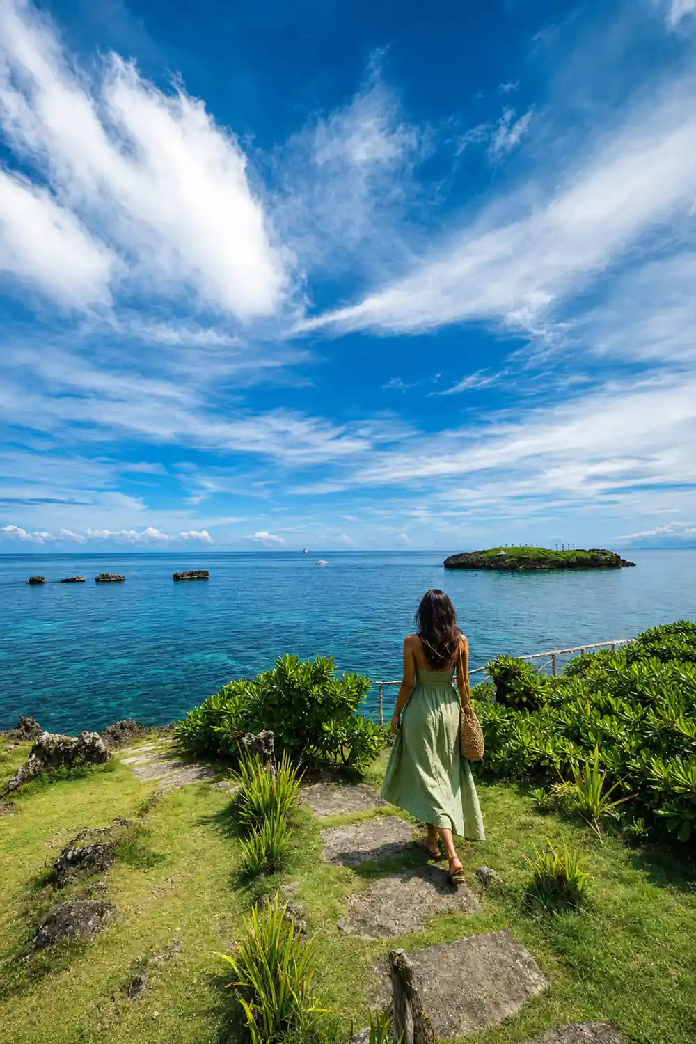 low islets on the horizon beyond a grassy clifftop