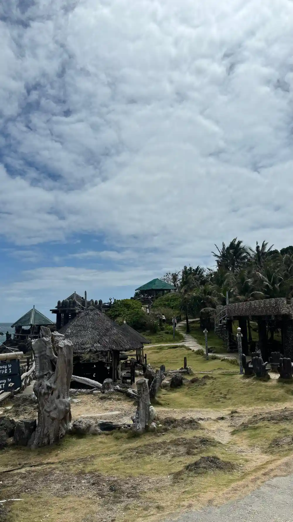 thatched huts among the trees on the island above the shore